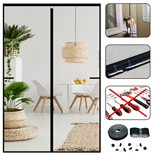 CHIYUNS Magnetic Screen Door Mesh 38 x 81.6 Inch, Fit Door Size 36 x 80 Inch, Grey Fiberglass Door Screen Magnetic Closure, Heavy Duty, Self Sealing, Keep Bugs Out, Pet and Kid Friendly