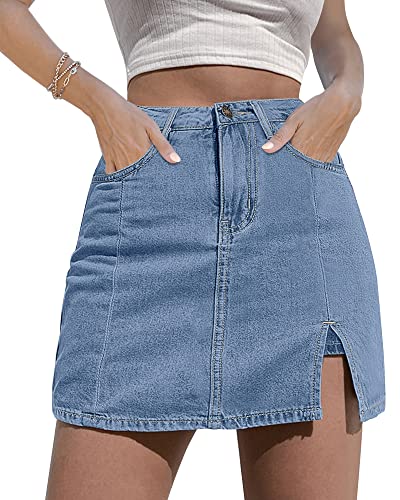 luvamia Skorts Skirts for Women Denim Mini Skirt Side Slit with High Waisted Jean Shorts Stretchy Plaid Skirt Skorts Skirts for Women Dressy Jean Skort for Women Going Out Shorts Blue Fog Size Medium
