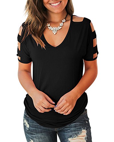 Jescakoo Summer Tops Cut Out Shoulder T Shirts for Women Short Sleeve Blouses Black M