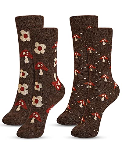 Janmercy 2 Pairs Mushroom Crew Sock Wool Mushroom Socks Classic Flower Socks Women Novelty Socks Casual Women's Socks (Flower)