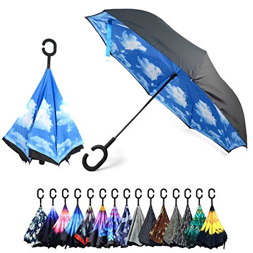 Parquet Blue Sky Double Layer Inverted Umbrellas - C Shaped Handle Reverse Folding Windproof Umbrella for Men and Women