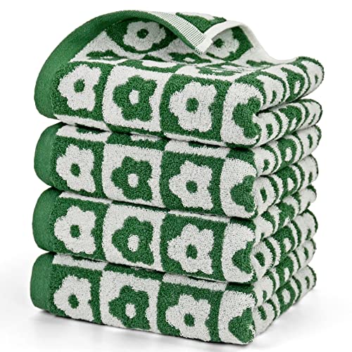 Jacquotha Hand Towels Checkered Floral - Set of 4 Soft Face Towels for Bathroom, Medium Size 13” x 29”, Dark Olive Green