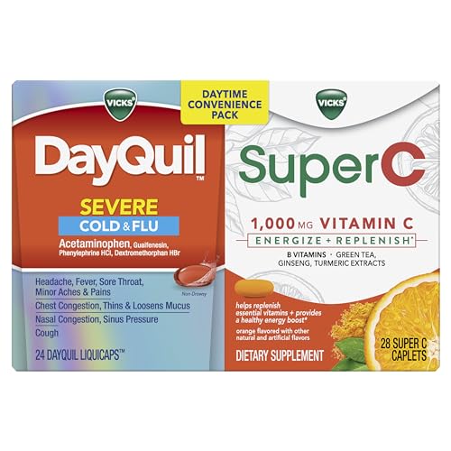 Vicks DayQuil & Super C Convenience Pack: DayQuil Severe Medicine for Cold & Flu Relief, Conveniently Packaged with Super C Energize and Replenish* Daily Supplement with Vitamin C, B Vitamins, 52ct