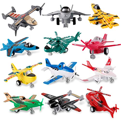 12 Pcs Pull Back Airplanes Toys Vehicle Playset, Variety Pack of Helicopters, Stealth Bombers, Fighter Jets, Aircraft, Planes for Kids Toddlers Party Favors