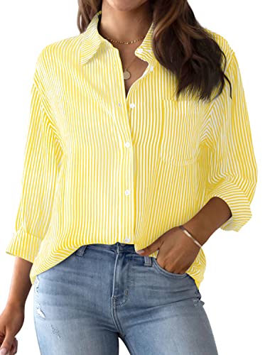AISEW Womens Button Down Shirts Striped Classic Long Sleeve Collared Office Work Blouses Tops with Pocket (Yellow, 7002L)