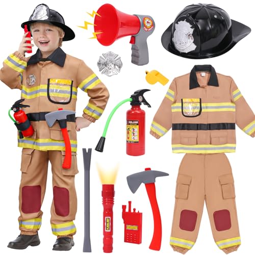 Tacobear 12pcs Firefighter Costume for Kids, Brown Fireman Outfit with Complete Firefighter Accessories, Dress Up Pretend Play Toy Birthday Gift Halloween Costume for Boy Kid Toddler