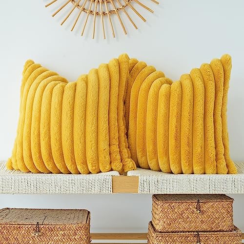 JOJUSIS Pack of 2 Double-Sided Faux Fur Plush Decorative Throw Pillow Covers Couch Cushion Case Soft Pillowcases (Mustard Yellow, 20 x 20-Inch)