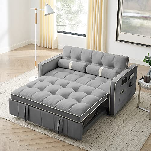 3 in 1 Sleeper Sofa Couch Bed, Small Tufted Velvet Convertible Loveseat Futon Sofa w/Pullout Bed, Adjustable Backrest, Cylinder Pillows, Multi-Pockets for Living Room Apartment, Grey, 55.5'