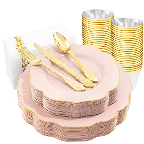 NOCCUR 175PCS Pink Plastic Plates - Pink Plates with Gold Disposable Silverware - Include 50 Plates,25 Knives,25 Forks,25 Spoons,25 Cups and 25 Napkins - Ideal for Wedding, Party&Shower