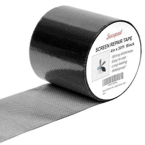 Secopad Black Window Screen Repair Tape, 4 in X 30 FT (360IN) Screen Rrepair Kit for Mesh Window Screen Door Repair, Strong Adhesive Screen Patch Fiberglass Screen Tape