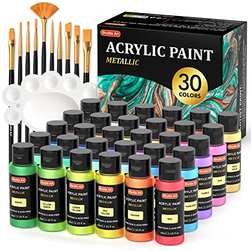 Shuttle Art 30 Colors Metallic Acrylic Paint, Artist Grade Metallic Paint in Bottles (60ml, 2oz), Rich Pigmented, High Viscosity, Non-Toxic for Artists, Beginners on Rocks Crafts Canvas Wood Fabric