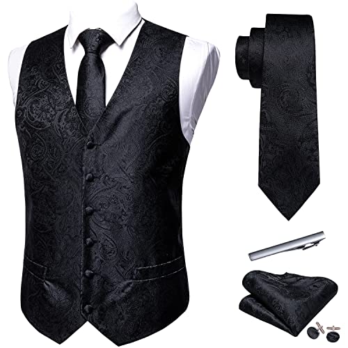 Barry.Wang Formal Men Dress Vest Matched Paisley Tie Set Suit Waistcoat Wedding 5PCS Black