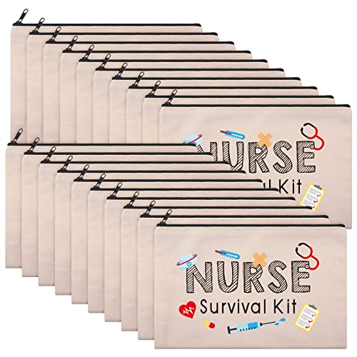 20 Pieces Nurse Cosmetic Bag Nurse Survival Kit Makeup Bags Canvas Multi Purpose Zipper Pouch Nurse Practitioner Gifts for Women Girls Nurses School Nurse Practitioner Supplies (9.06 x 5.91 Inch)