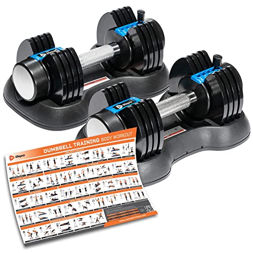 Lifepro Adjustable Dumbbell Set 25lb 5in1 - with Workout Poster & Dumbells Rack - Compact Quick Adjustable Weights for Full Body Exercise & Fitness - Adjustable Dumbbells Set of 2 for Home Gym