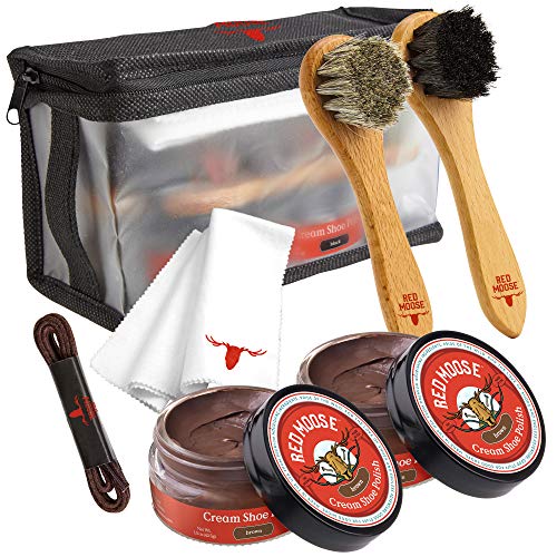 RED MOOSE 7pc Brown Leather Shoe and Boot Polish Kit – Brushes, Cloth, Case, Laces