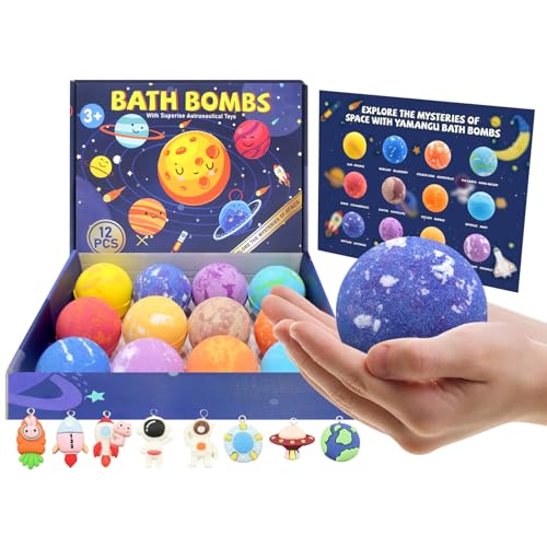 12 Pack Bath Bombs for Kids with Surprise Inside, YAMANGU Kids Bath Bombs for Over 3 Years Old, Educational Space-Themed Planet Design, Christmas Gift for Kids, Boys and Girls