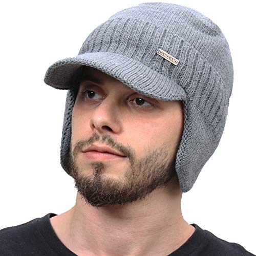 30% Wool Winter Beanie w/Visor & Earflaps for Men Outdoor Fleece Hat Scarf Set