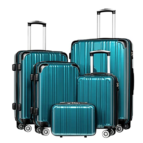 Coolife Luggage Expandable 5 Piece Sets PC+ABS Spinner Suitcase 20 inch 24 inch 28 inch (green new)