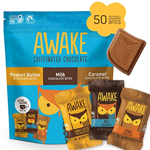 AWAKE - Caffeinated Chocolate Bites - Coffee Alternative - 50mg Caffeine - Energy Bars - Low-Calorie Snacks - Keto - Gluten-Free - Non-GMO - Peanut Butter, Milk & Caramel Variety Pack - 50 Bites