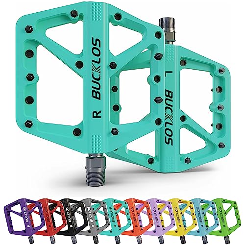 BUCKLOS Mountain Bike Pedals MTB Flat Pedal, Adult Bicycle Road Bike Large Platform Nylon Non-Slip Pedals for Gravel Bike/Hybrid Bike 9/16'(Bian-chi Green)