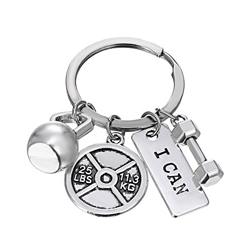 RINHOO FRIENDSHIP Stainless steel Fitness Keychains With Quotes Weight plate Dumbbell Kettlebell Exercise Charms Keyring (I CAN)