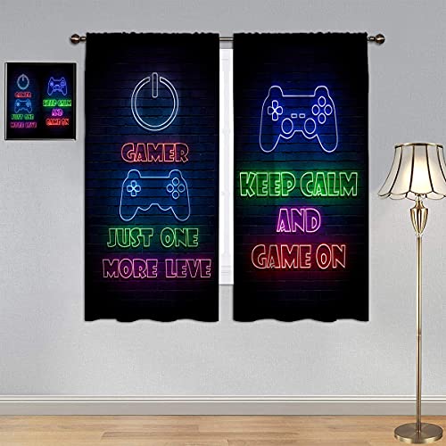 GY Gamepad Gamer Curtains, Bedroom Blackout Curtains Video Games Controller Neon Sign Design Waterproof Window Curtain Kids Room Window Curtain 52x63 Inch