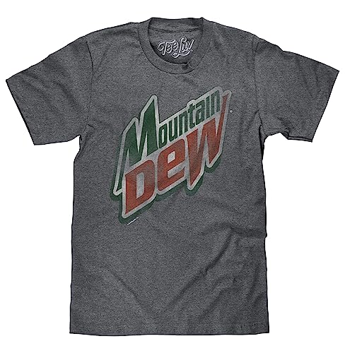 Tee Luv Mountain Dew Shirt - Distressed Mt Dew Soda Logo T-Shirt (Graphite Heather) (S)