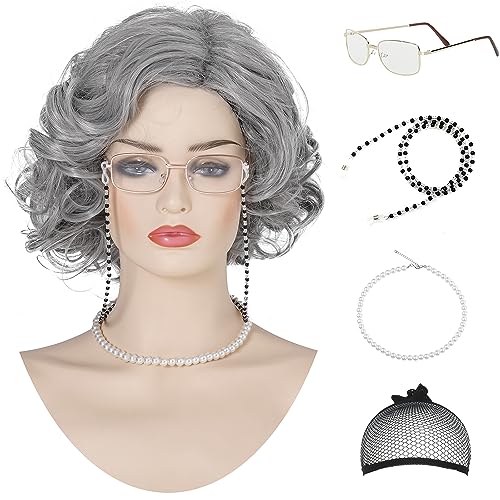 AMZCOS Short Old Lady Granny Curly Wig for Women Grandma 100th Day of School Cosplay, Costume, Halloween Party (Gray)