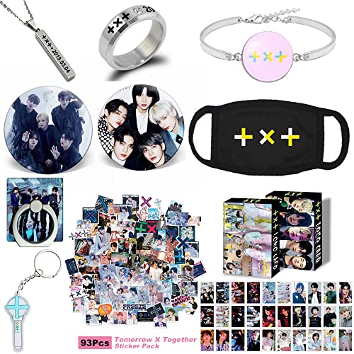 WGEEEY female Kpop TXT Gifts Set, TXT Photocard, Stickers, Bracelet, Face Shield, Rings, Pendant Necklace, Button Pin, Phone Ring Holder, Keychain