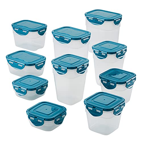 Rachael Ray Leak-Proof Stacking Container Food Storage Bin Set, 20-Piece, Clear with Teal Lids