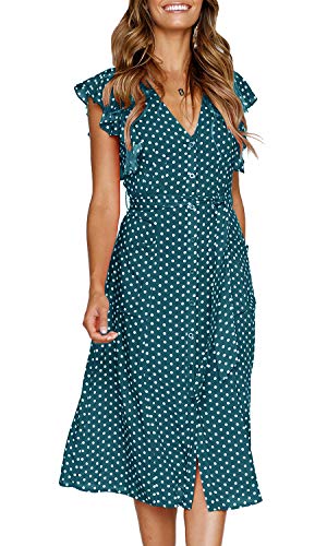 MITILLY Women's Boho Polka Dot Flutter Short Sleeve V Neck Button Down Swing Midi Dress with Pockets Medium Teal