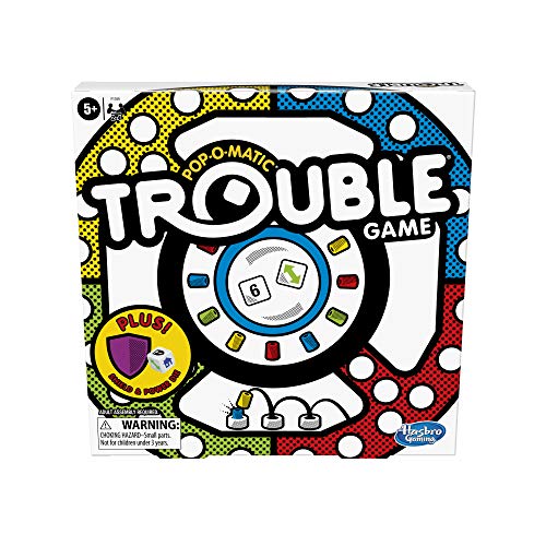 Hasbro Gaming Trouble Board Game Pop-o-Matic Dice Roller Includes Power Die and Shield to Amp Up The Fun, Game for Kids Ages 5 and Up, 2-4 Players (Amazon Exclusive)