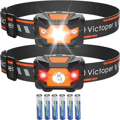 Victoper Headlamp 2 Pack, 4 Modes Red Light Head Lamp Battery Powered, Hardhat Mechanic Waterproof Headlamps Flashlight, LED Head Lamps for Adults, Kids, Camping, Running, Hiking, Outdoor, Fishing