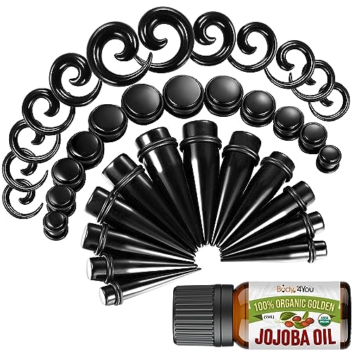 BodyJ4You 36PC Ear Stretching Kit - 00G-20mm Big Gauges - Aftercare Jojoba Oil - Black Acrylic No Flare Plugs Tapers Heavy Weights Spirals - Stretchers Expanders Eyelets