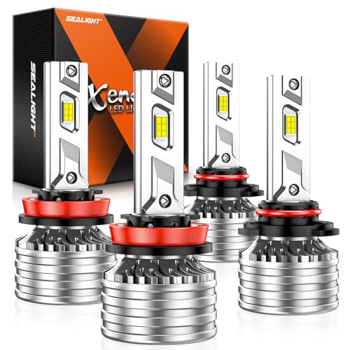 SEALIGHT H11/H9/H8 9005/HB3 Bulbs Combo or Fog, X4I Upgraded 68,000LM 800% Super Bright, H11 9005 High Low Beam with Cooling Fan, 6500K Cool White 9005 H11 Light Replacement Bulbs, Pack of 4