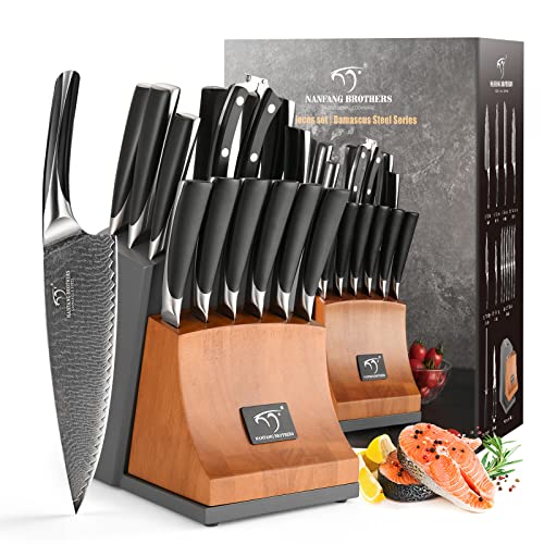 NANFANG BROTHERS Knife Set, 15-Piece Damascus Kitchen Knife Set with Block, ABS Ergonomic Handle for Chef Knife Set, Carving Fork, Disconnect-type Knife Block Set