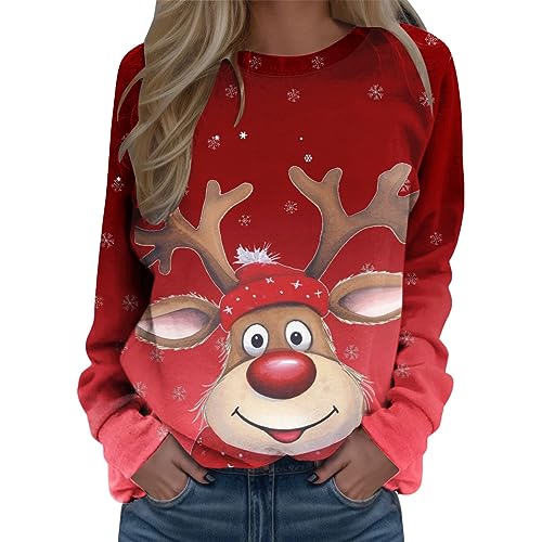 Christmas Sweatshirts for Women Ugly Christmas Sweaters for Women 2023 Crew Neck Holiday Pullover Casual Long Sleeve Shirts Sweatshirt Xmas Printed Blouse Tops Women Clothing Tunic for Womens Fashion