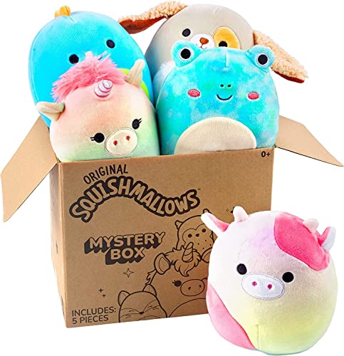SQUISHMALLOW 5' Plush Mystery Box 5 Pack - Various Styles - Officially Licensed Kellytoy Plush - Collectible Soft & Squishy Mini Stuffed Animal Toy - Gift for Kids, Girls & Boys - 5 Inch