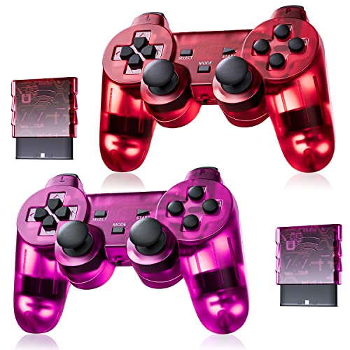 Burcica Wireless Controller for PS2 Play 2 Dual Vibration - ClearRed and ClearPurple