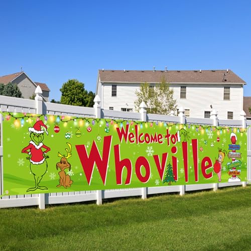Large Grinchs Whoville Banner,Christmas Banner Sign,Welcome to Whoville Backdrop Whoville Decorations for Indoor Outdoor Decor Christmas Party Supplies 118x23.6IN