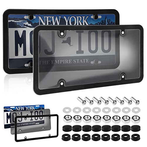 2 Pack Car Smoked License Plate Covers Frame Shield Combo - Unbreakable Tinted Cover Novelty Fits All Standard US Plates,Bubble Design License Plate Holder with Screws & Caps(Black)