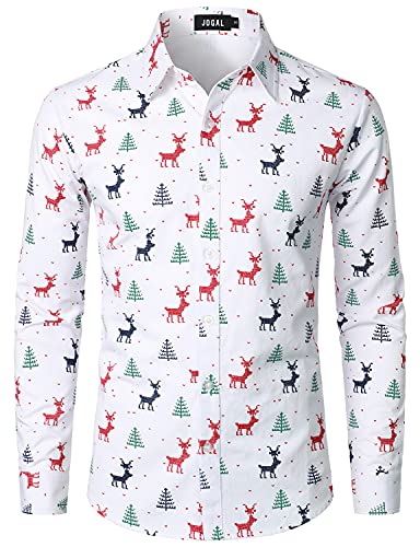 JOGAL Men's Christmas Santa Claus Party Long Sleeve Button Down Shirts Large White