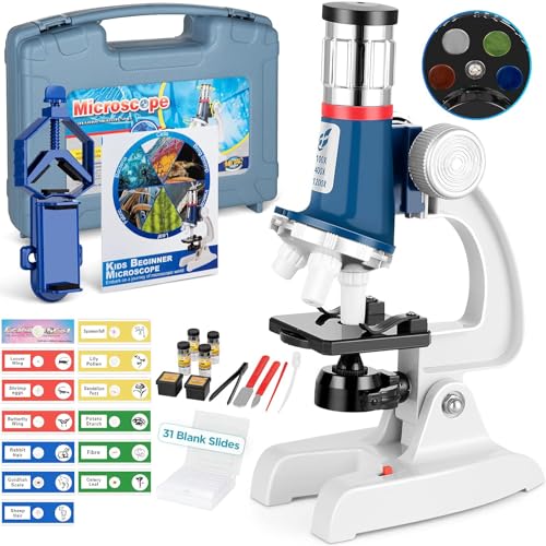 58-pcs Microscope Kit for Kids 5-7 8-12, 100X-1200X Kids Microscope with Metal Body Microscope, Carrying Box, LED Light, Science Experiments Kit Toys for Kids 3-5 6 7 8 9 10 Birthday Gift