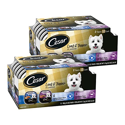 CESAR Soft Wet Dog Food Loaf in Sauce Rotisserie Chicken Flavor with Bacon & Cheese and Filet Mignon Flavor with Bacon & Potato Variety Pack, (24) 3.5 oz. Easy Peel Trays