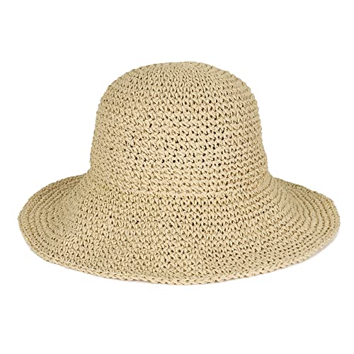 Womens Floppy Straw Sun Hat Foldable Packable Wide Brim Summer Beach Hat Crochet Bucket Hat (A Beige)