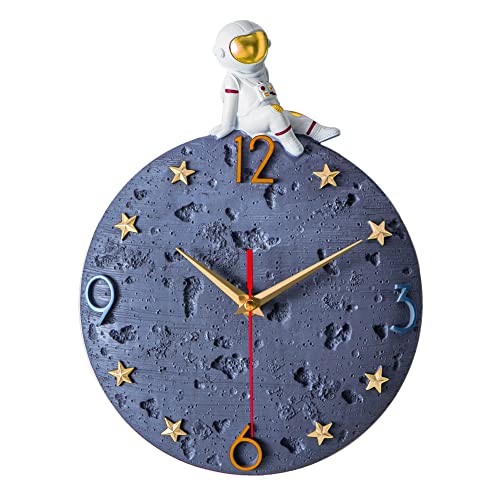 Banllis Space Theme Wall Clock, Astronaut Moon Wall Clock, 12 Inch Grey Modern Silent Clock for Kids Room Nursery Living Room Bedroom Kitchen Decor, for Children Boys and Girls Gift, Battery Operated