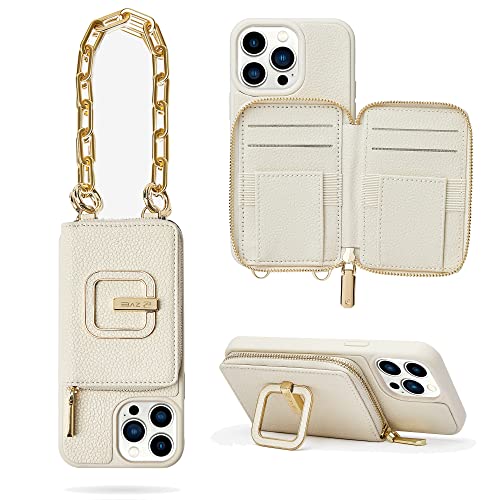 ZVE iPhone 14 Pro Max Wallet Case Crossbody, Phone Case with a 180° Rotation Square Stand RFID Blocking Card Holder Wrist Chain for Women, Leather Purse Cover for iPhone 14 Pro Max(6.7 inch)-Beige