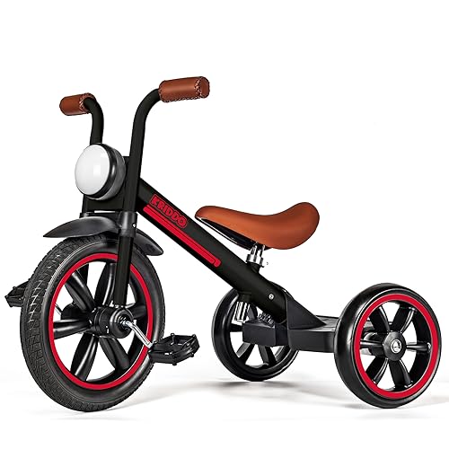 KRIDDO Kids Tricycle, 12 Inch Puncture Free Wheel w Front Light, Adjustable Seat Height, Gift for 2-5 Year Olds, Trike for Toddlers, Black