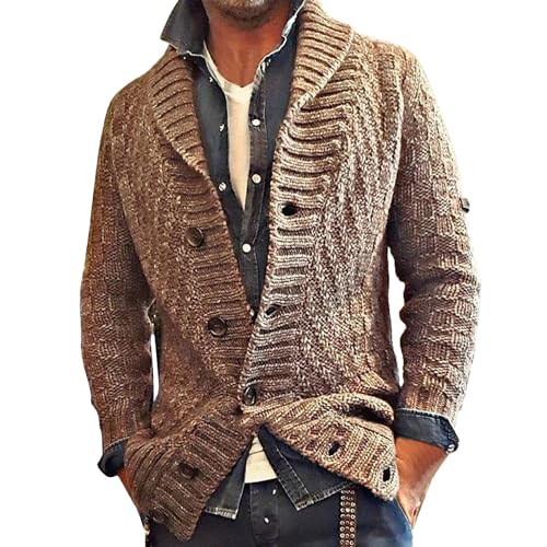 TMJSPOYOU Mens Shawl Cardigan Sweaters Cable Knitted Loose Fit Chunky Warm Sweater with Buttons Khaki