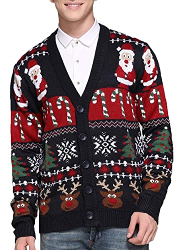 Men's Christmas Rudolph Reindeer Holiday Knitted Sweater Cardigan Ugly Pullover (XX Large, Reindeer-Santa&Cane Cardigan)